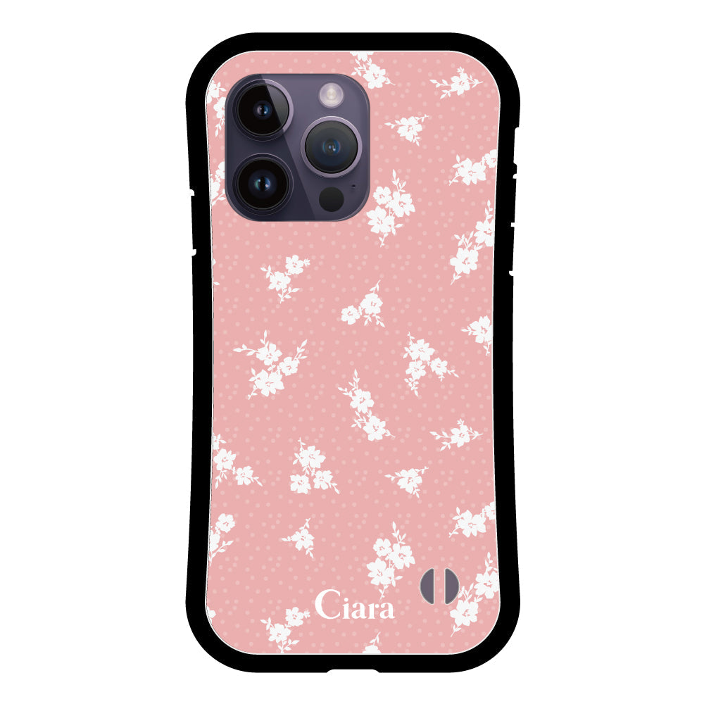 iPhone14ProMax グリップ 耐衝撃ケース ドットフラワー ピンク