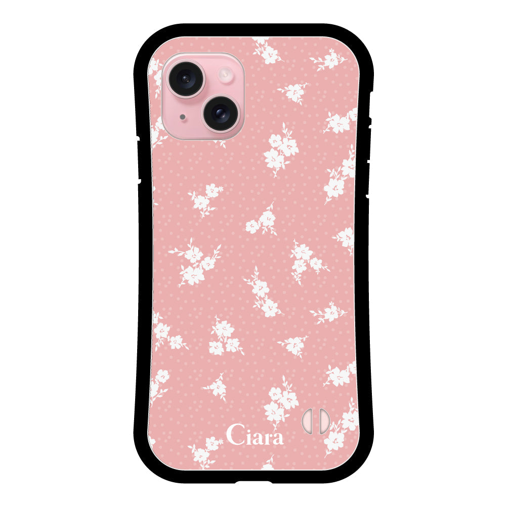 iPhone15 グリップ 耐衝撃ケース ドットフラワー ピンク