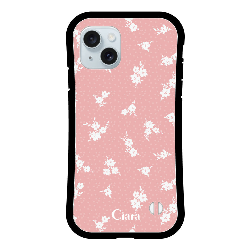 iPhone15Plus グリップ 耐衝撃ケース ドットフラワー ピンク