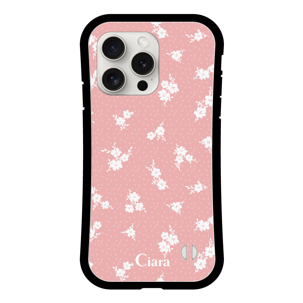 iPhone15ProMax グリップ 耐衝撃ケース ドットフラワー ピンク
