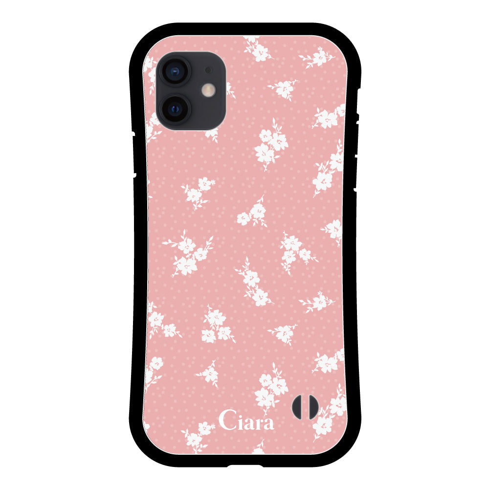 iPhoneXR グリップ 耐衝撃ケース ドットフラワー ピンク