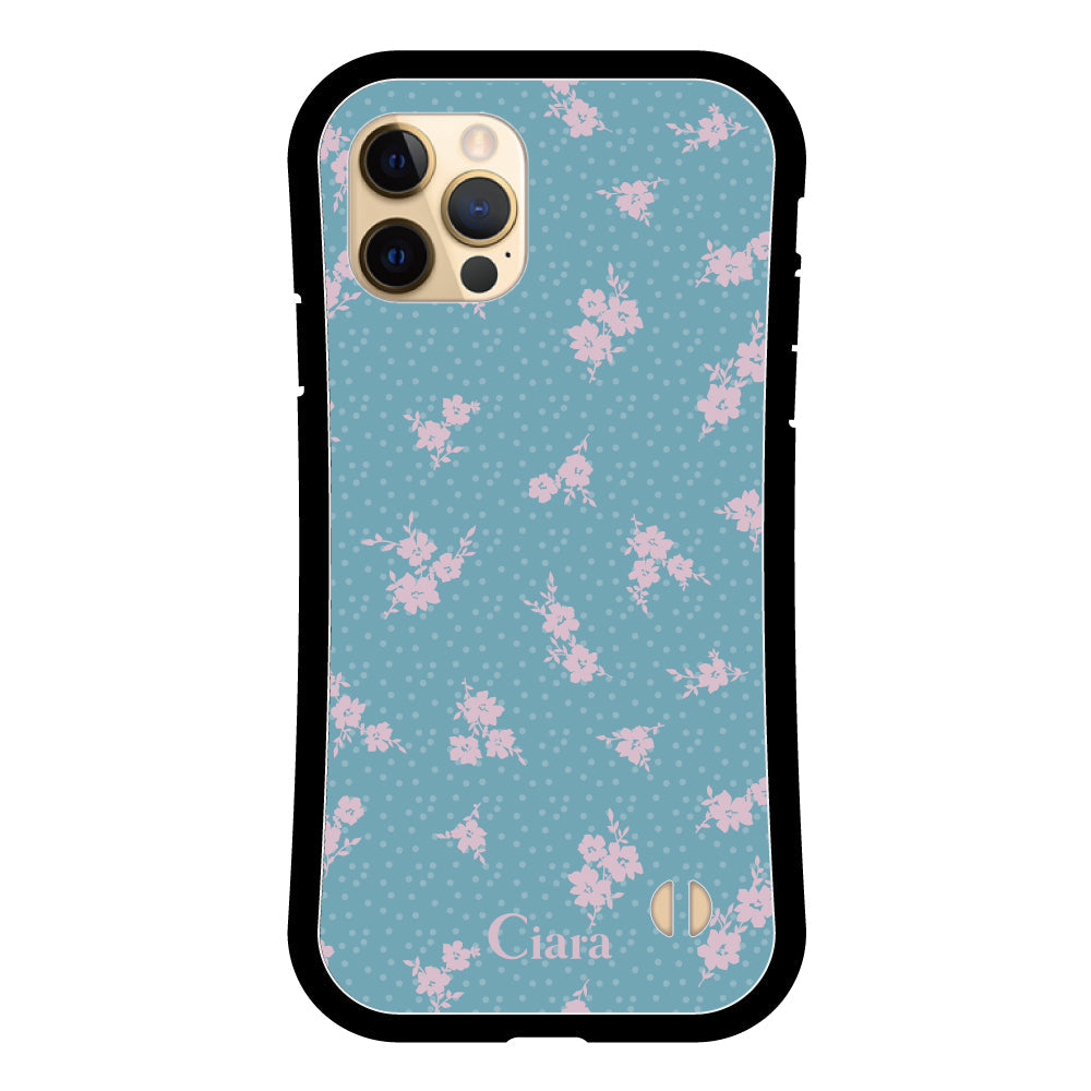 iPhone11Pro グリップ 耐衝撃ケース ドットフラワー ブルー