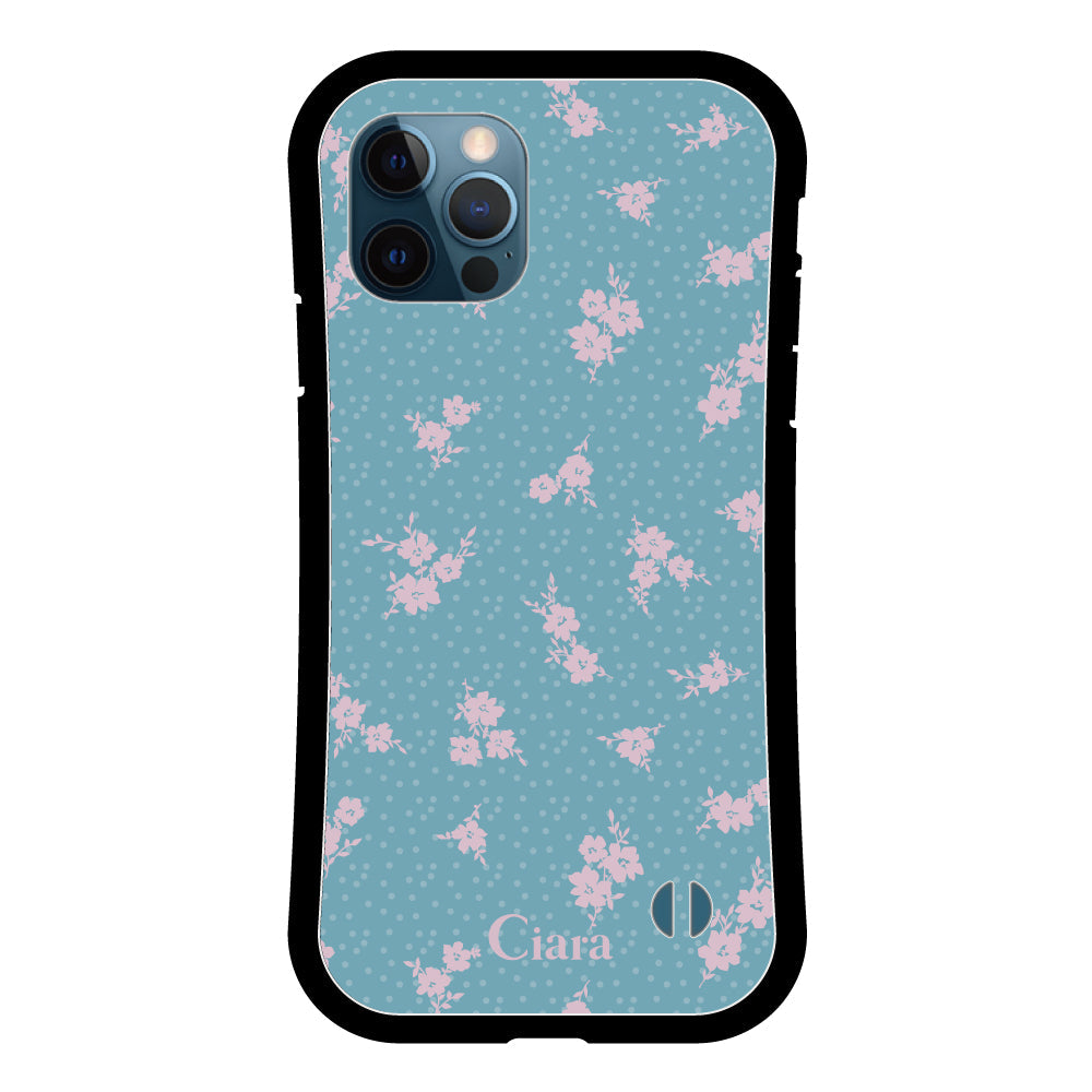 iPhone12ProMax グリップ 耐衝撃ケース ドットフラワー ブルー