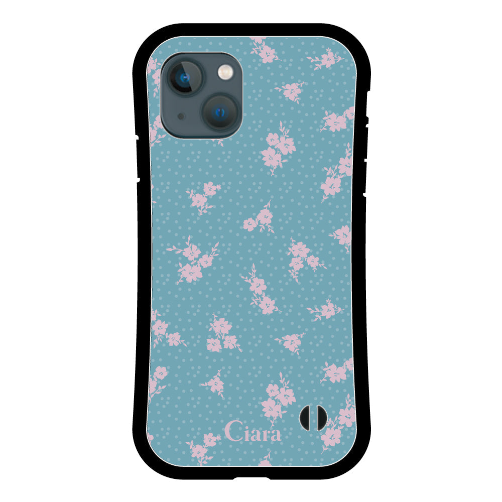 iPhone13mini グリップ 耐衝撃ケース ドットフラワー ブルー