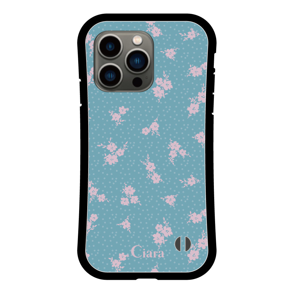 iPhone13Pro グリップ 耐衝撃ケース ドットフラワー ブルー