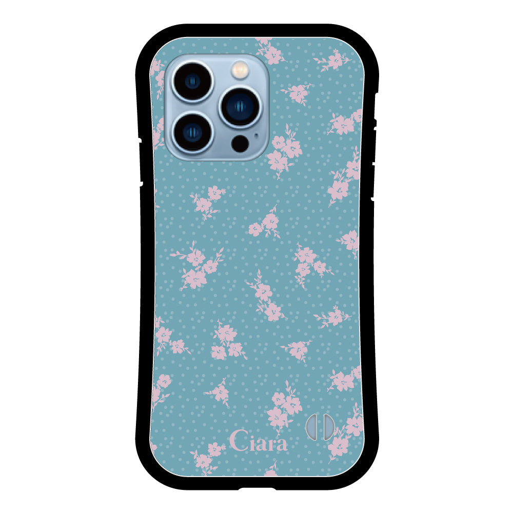 iPhone13ProMax グリップ 耐衝撃ケース ドットフラワー ブルー