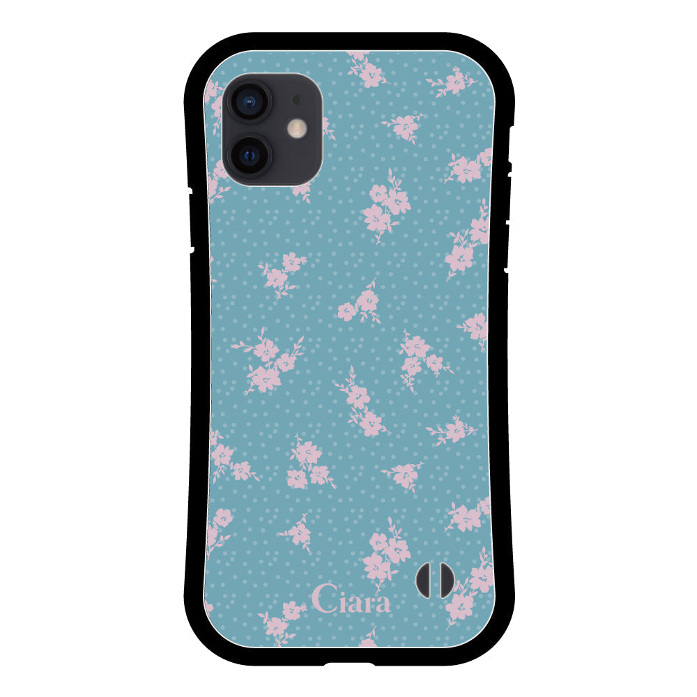 iPhoneXR グリップ 耐衝撃ケース ドットフラワー ブルー