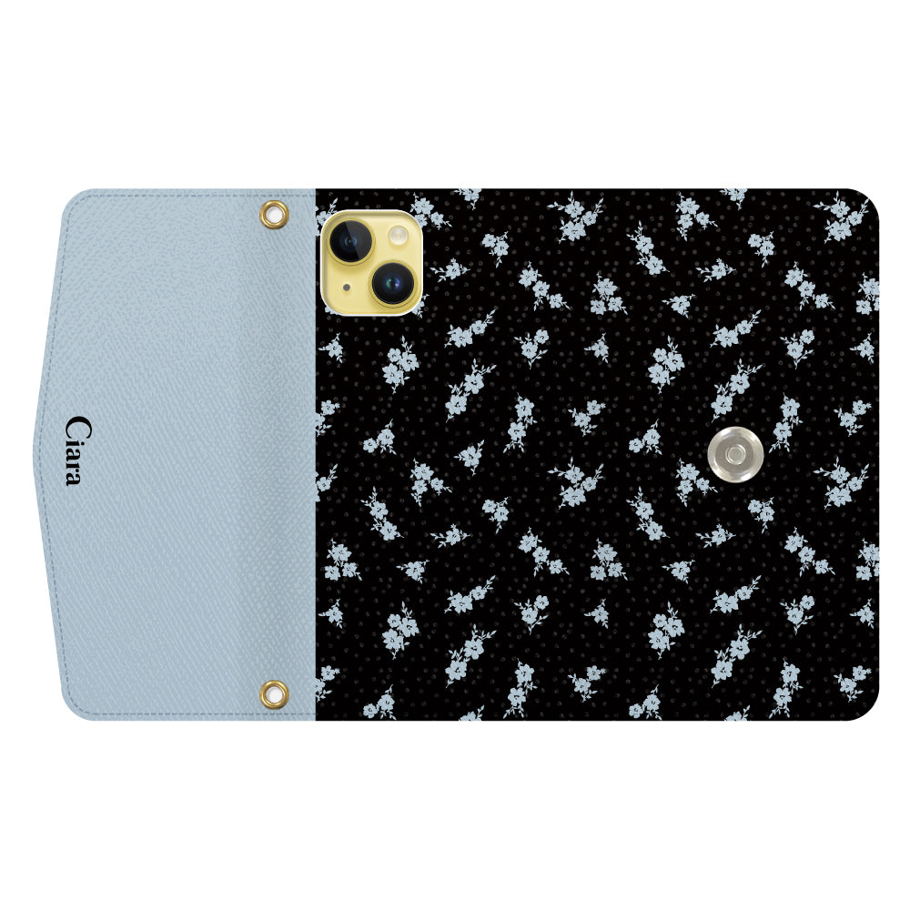 iPhone14Plusケース 手帳型カード収納レザーケース ドットフラワー ブラック