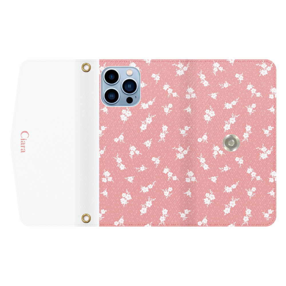 iPhone13ProMaxケース 手帳型カード収納レザーケース ドットフラワー ピンク