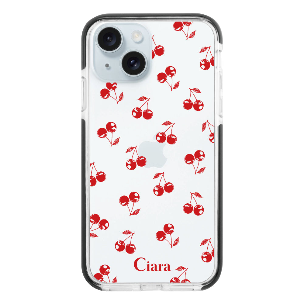 iPhone15Plus クッションバンパー 耐衝撃クリアケース ロマンティックチェリー レッド