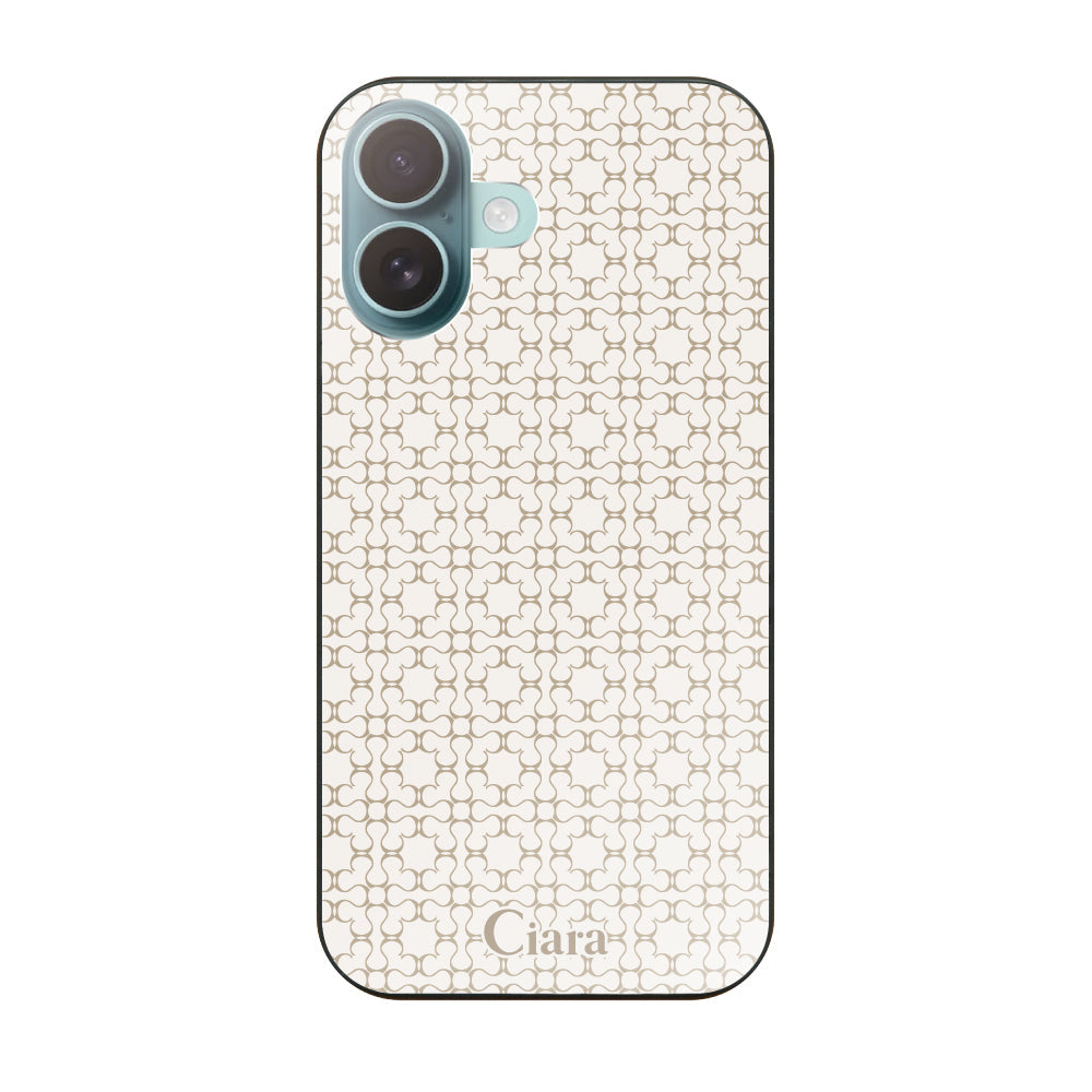 iPhone16Plus ガラス 強化ガラスケース シアラマカダムフルパターン ベージュ