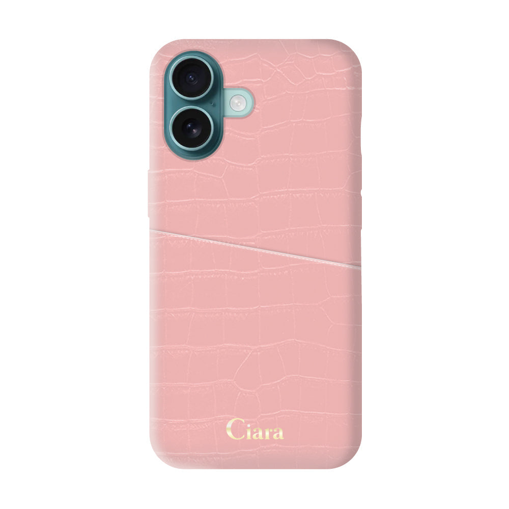 iPhone16Plusケース クロコPUポケット レザーカード収納ケース ロゴ ピンク