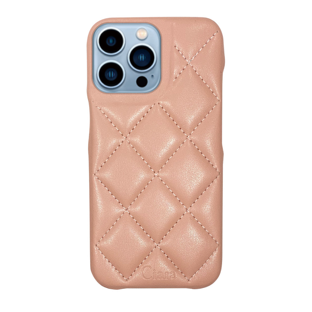iPhone13ProMax キルティングPU レザーケース ロゴ ピンク