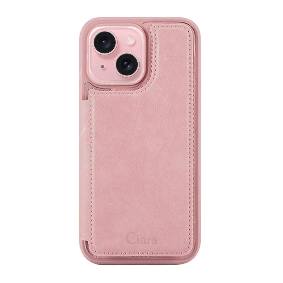 iPhone15 カード収納付きバックフリップ手帳型 カード収納ケース ロゴ ピンク