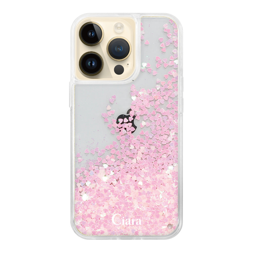 iPhone14Pro グリッター オイルクリアケース ロゴ ピンク