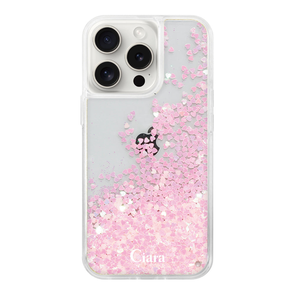 iPhone15ProMax グリッター オイルクリアケース ロゴ ピンク