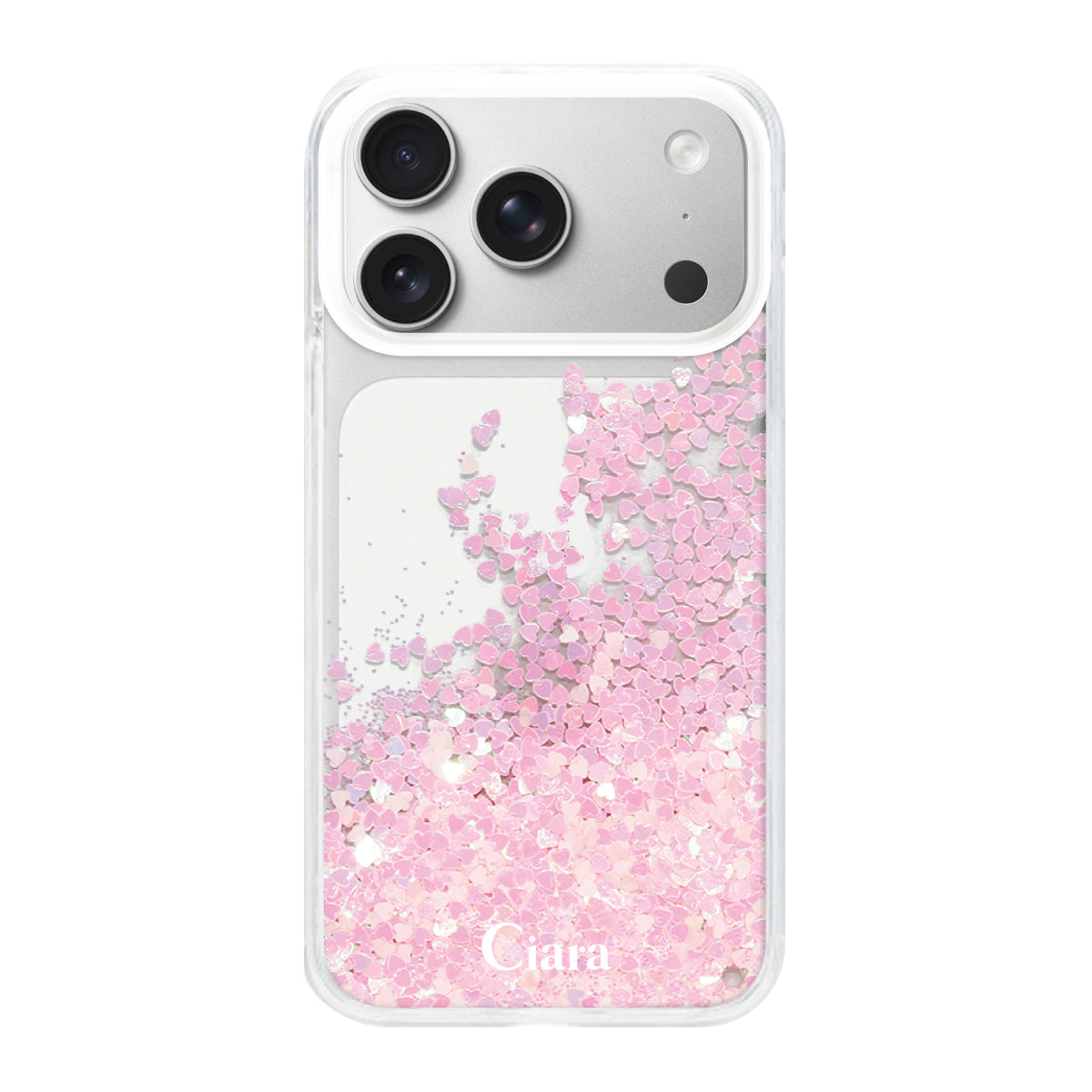 iPhone17Pro グリッター オイルクリアケース ロゴ ピンク