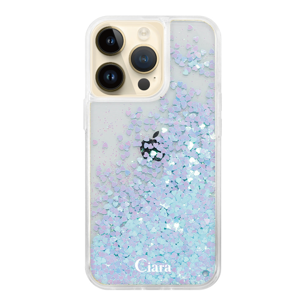 iPhone14Pro グリッター オイルクリアケース ロゴ ブルー