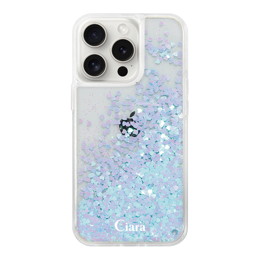 iPhone15ProMax グリッター オイルクリアケース ロゴ ブルー