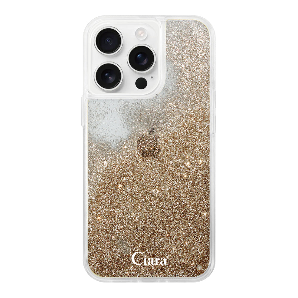 iPhone16e グリッター オイルクリアケース ロゴ ゴールド