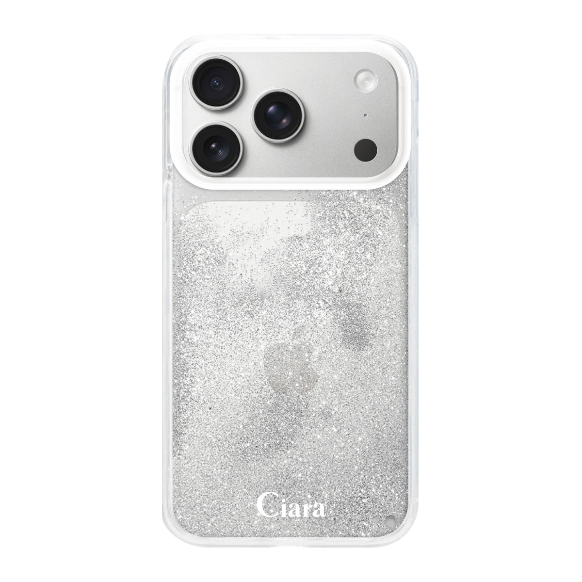 iPhone17Pro グリッター オイルクリアケース ロゴ シルバー