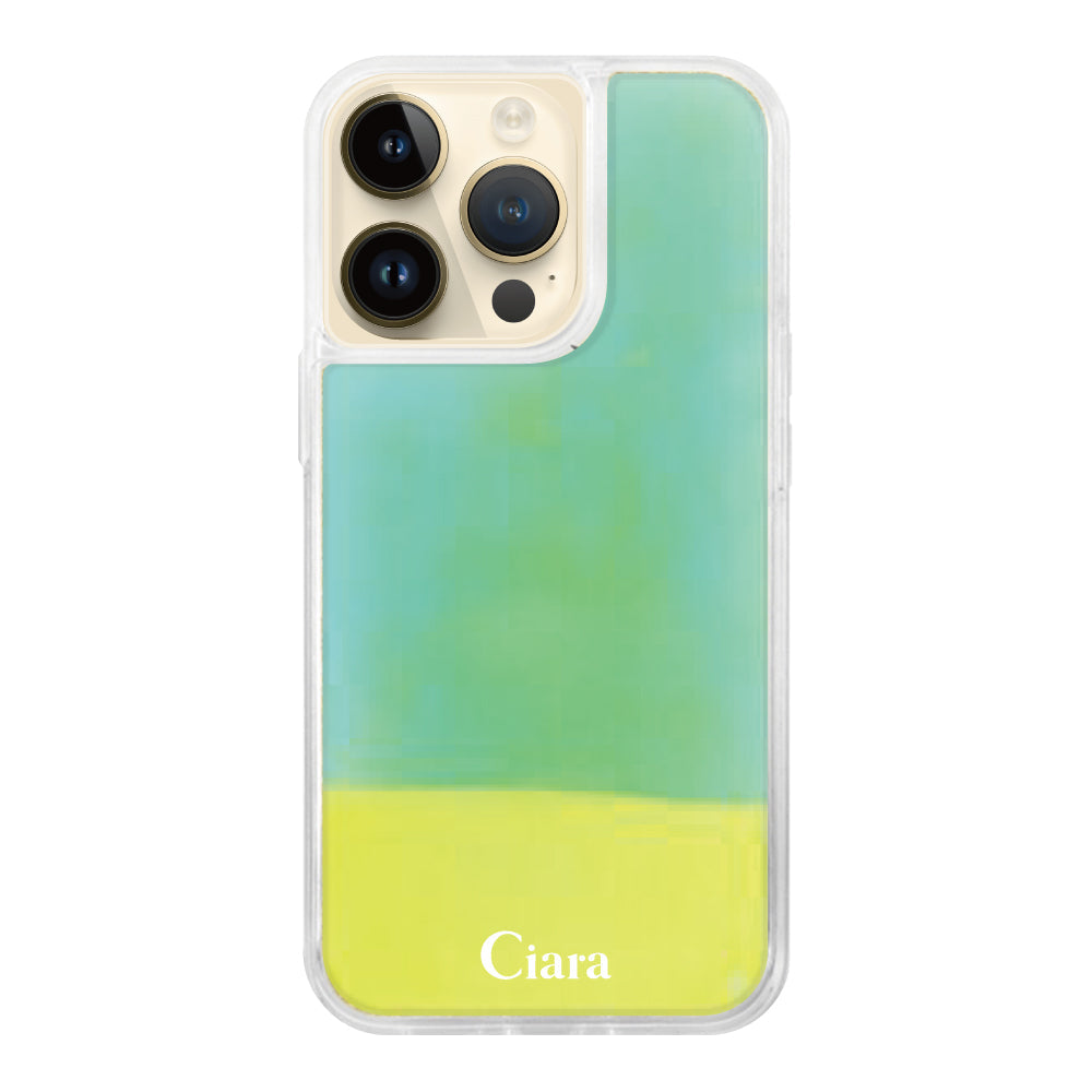 iPhone14Proケース ネオンサンド オイルケース ロゴ イエロー/グリーン