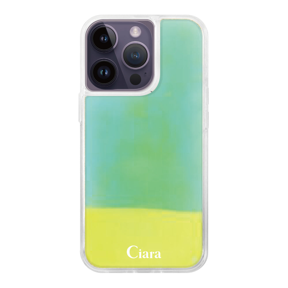 iPhone14ProMaxケース ネオンサンド オイルケース ロゴ イエロー/グリーン