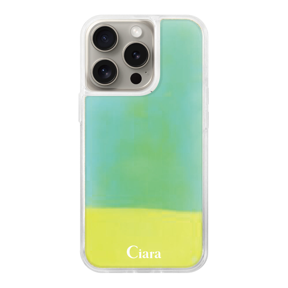 iPhone15Proケース ネオンサンド オイルケース ロゴ イエロー/グリーン