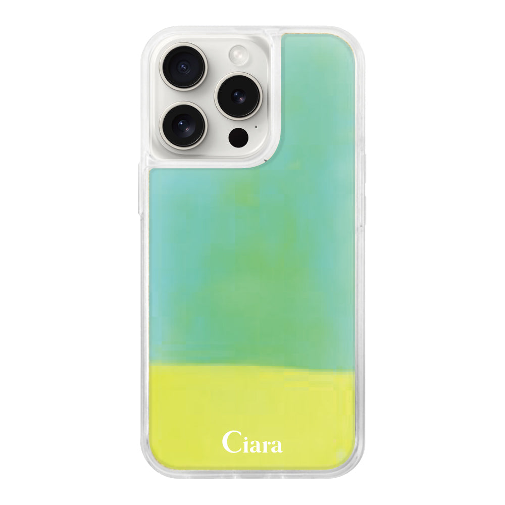 iPhone15ProMaxケース ネオンサンド オイルケース ロゴ イエロー/グリーン