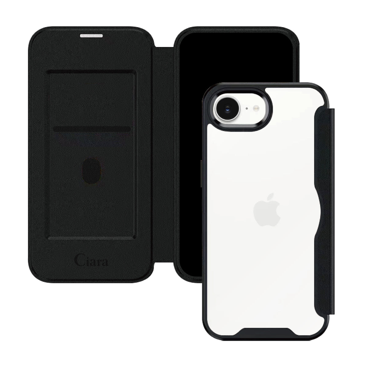 iPhone16e PUレザーフリップクリア手帳型 手帳型カード収納ケース ロゴ ブラック