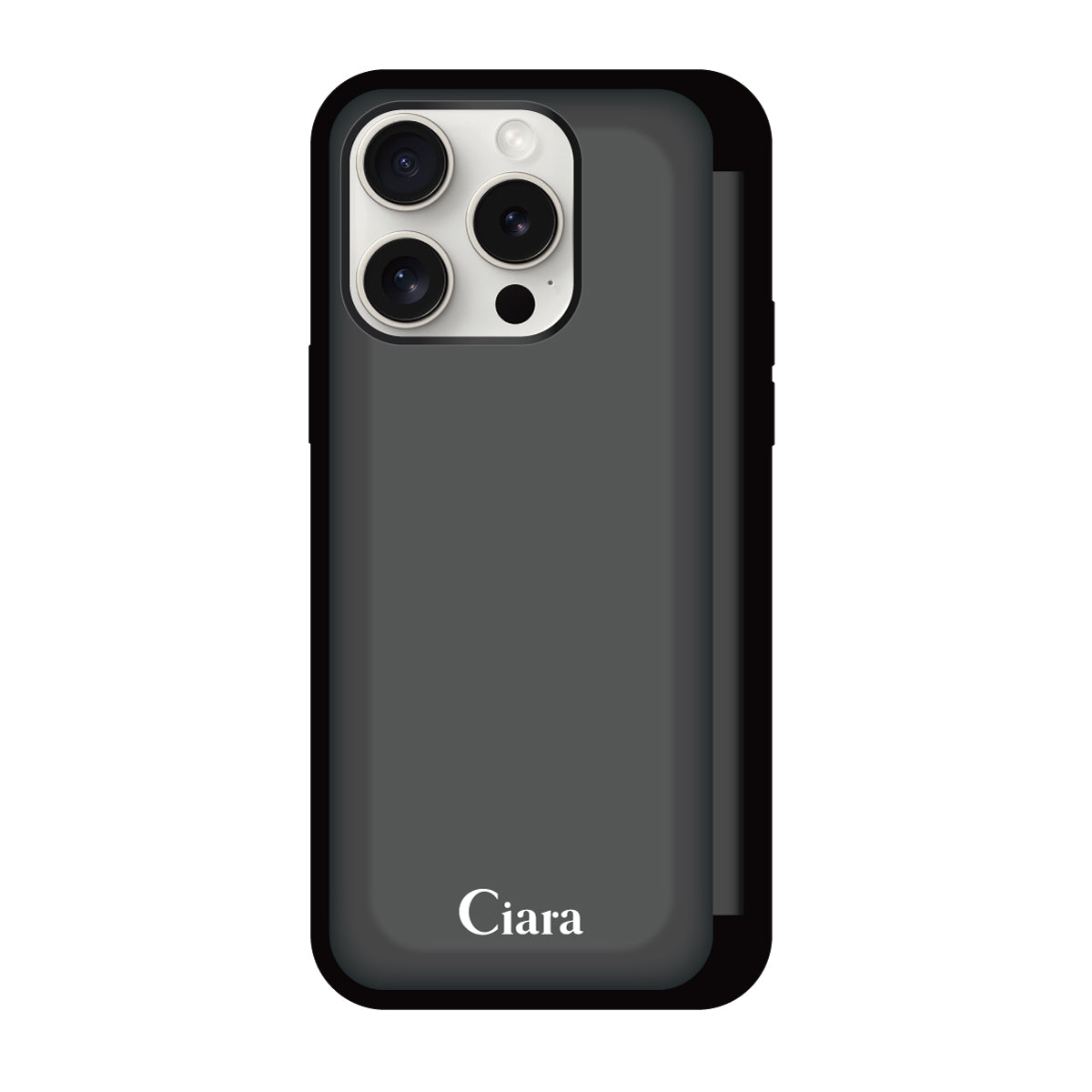 iPhone15ProMax バックフリップカード収納ミラー付き カード収納ミラー付きケース ロゴ ブラック