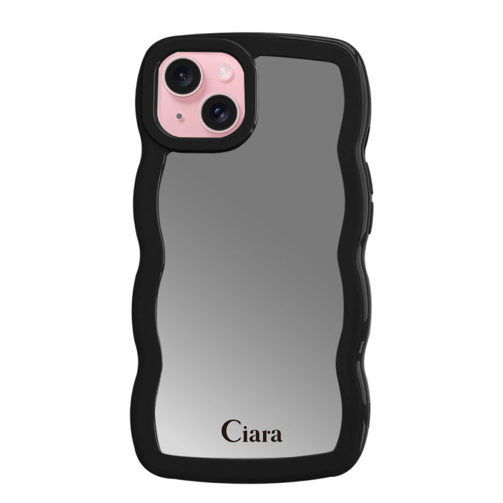iPhone15ケース ウェーブ ミラーケース ロゴ ブラック