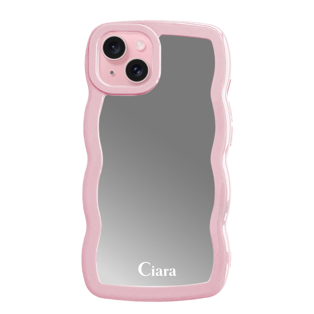 iPhone15ケース ウェーブ ミラーケース ロゴ ピンク
