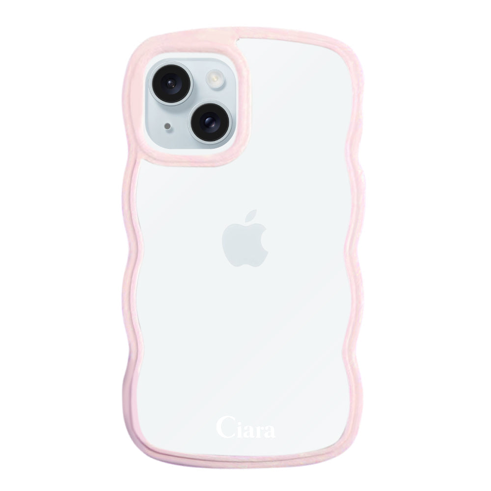 iPhone15Plusケース ウェーブフレーム クリアケース ロゴ ピンク