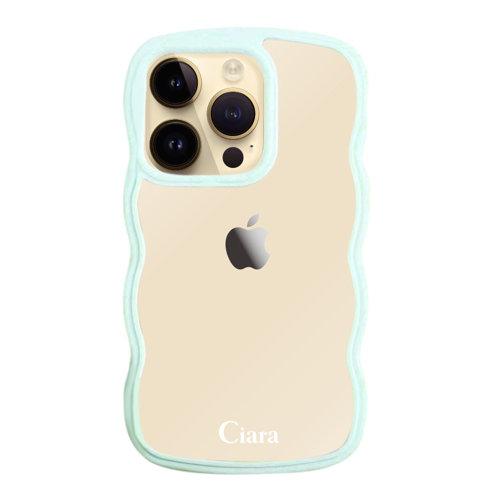 iPhone14Proケース ウェーブフレーム クリアケース ロゴ ブルー