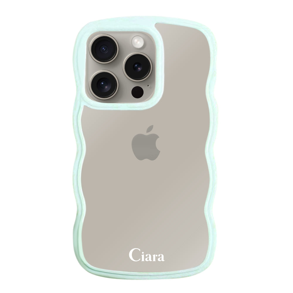 iPhone15Proケース ウェーブフレーム クリアケース ロゴ ブルー