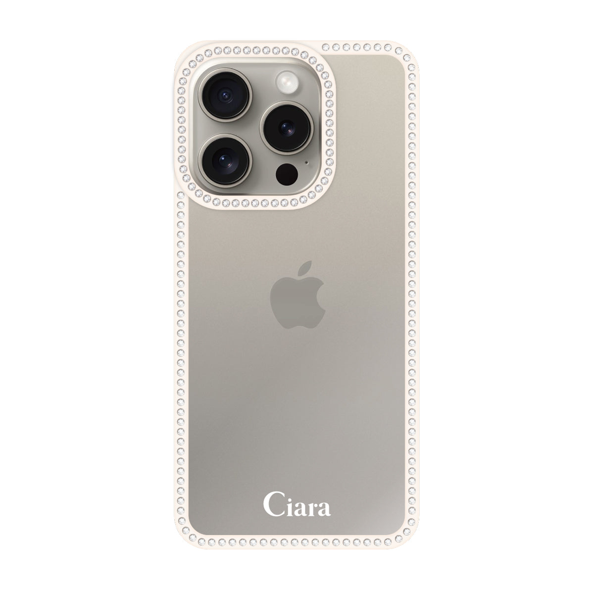 iPhone15Pro ラインストーンフレームクリア クリア ラインストーンフレームケース ロゴ ホワイト