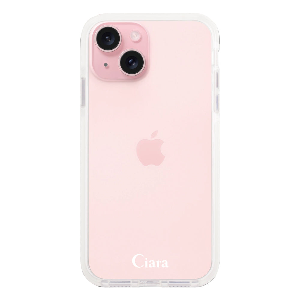 iPhone15 クッションバンパー 耐衝撃クリアケース ロゴ ホワイト