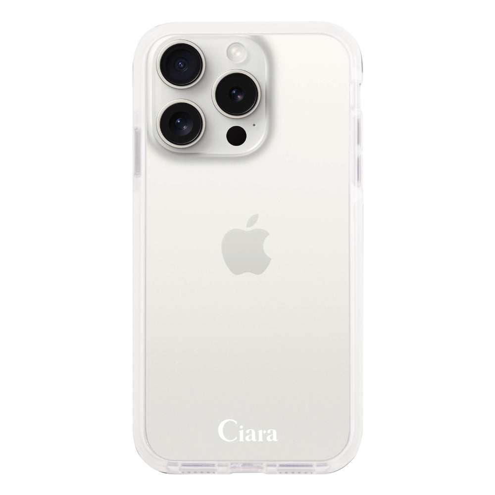 iPhone15ProMax クッションバンパー 耐衝撃クリアケース ロゴ ホワイト