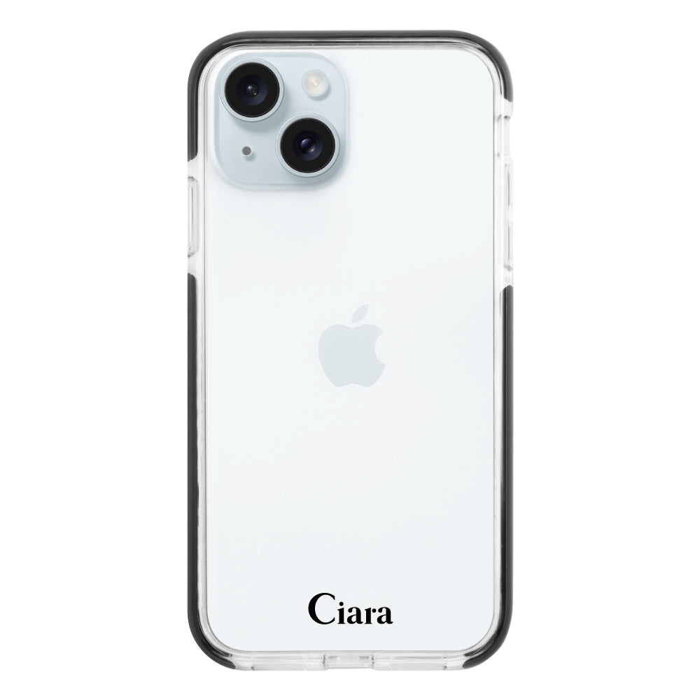 iPhone15Plus クッションバンパー 耐衝撃クリアケース ロゴ ブラック