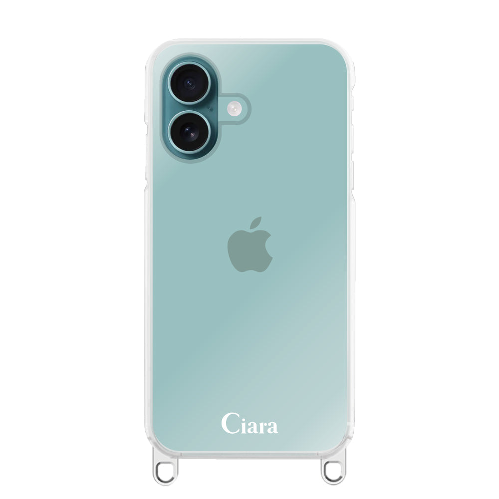 iPhone16Plus ストラップクリアケース ロゴ シルバー