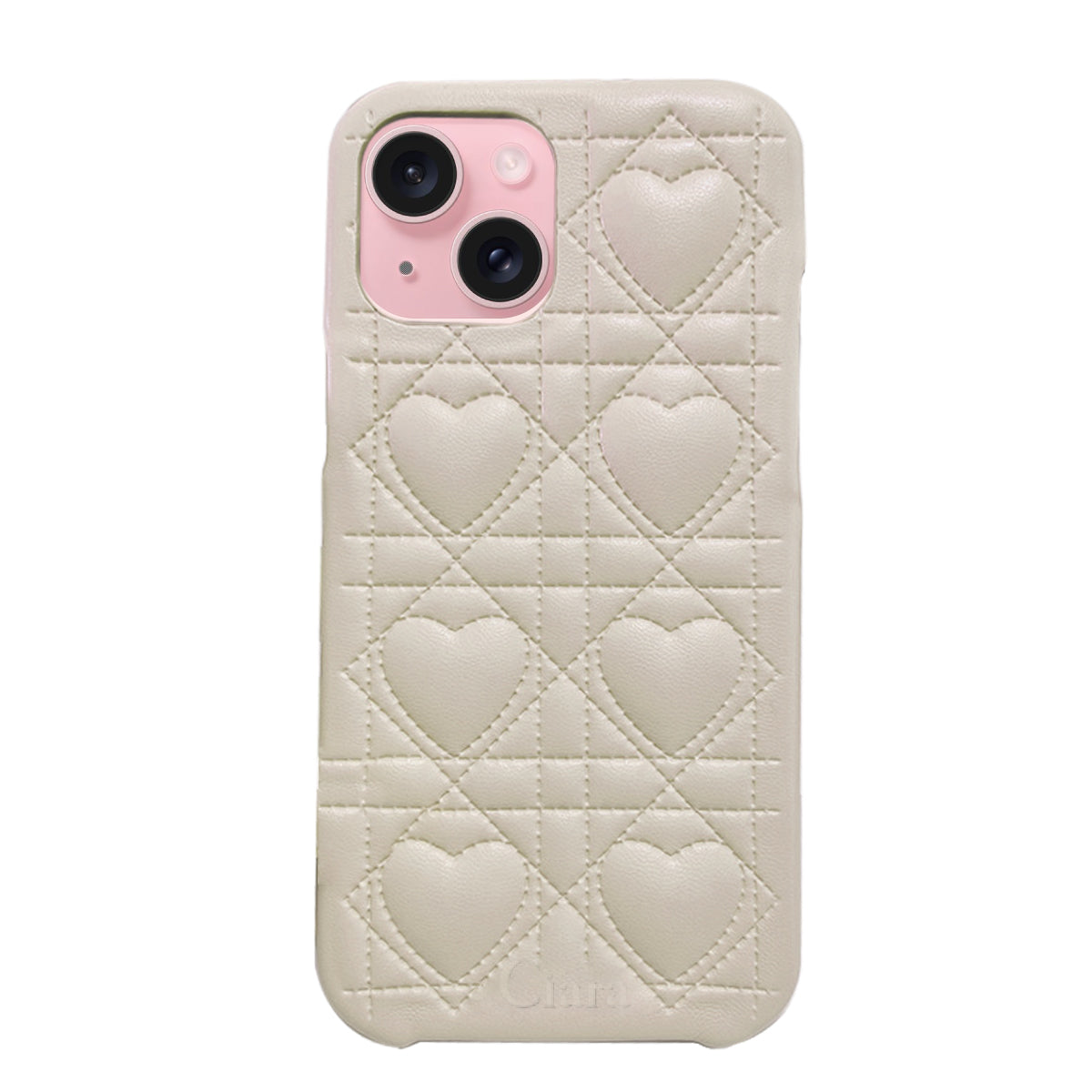 iPhone15 ハートキルティングPU レザーケース ロゴ ホワイト