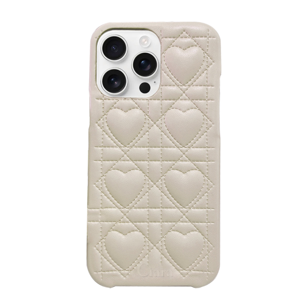 iPhone16ProMax ハートキルティングPU レザーケース ロゴ ホワイト