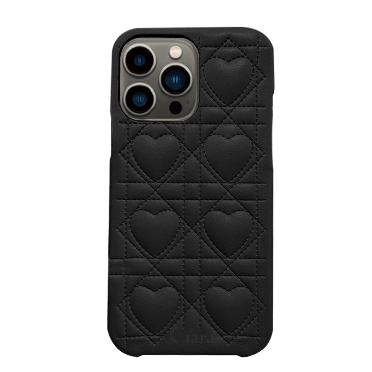 iPhone13Pro ハートキルティングPU レザーケース ロゴ ブラック