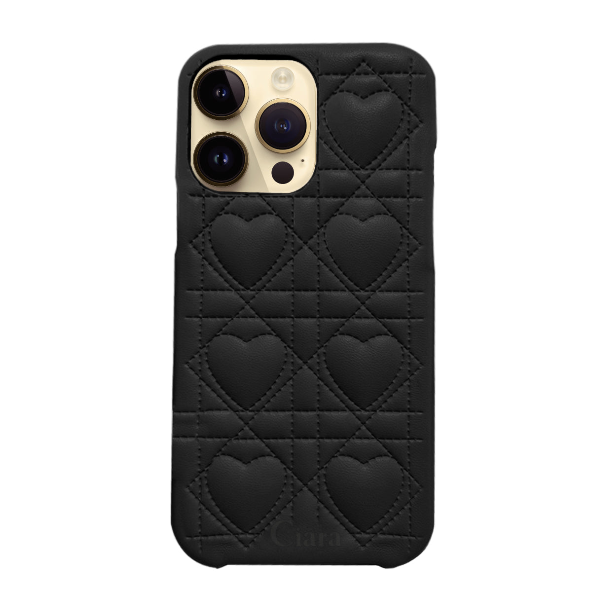 iPhone14Pro ハートキルティングPU レザーケース ロゴ ブラック