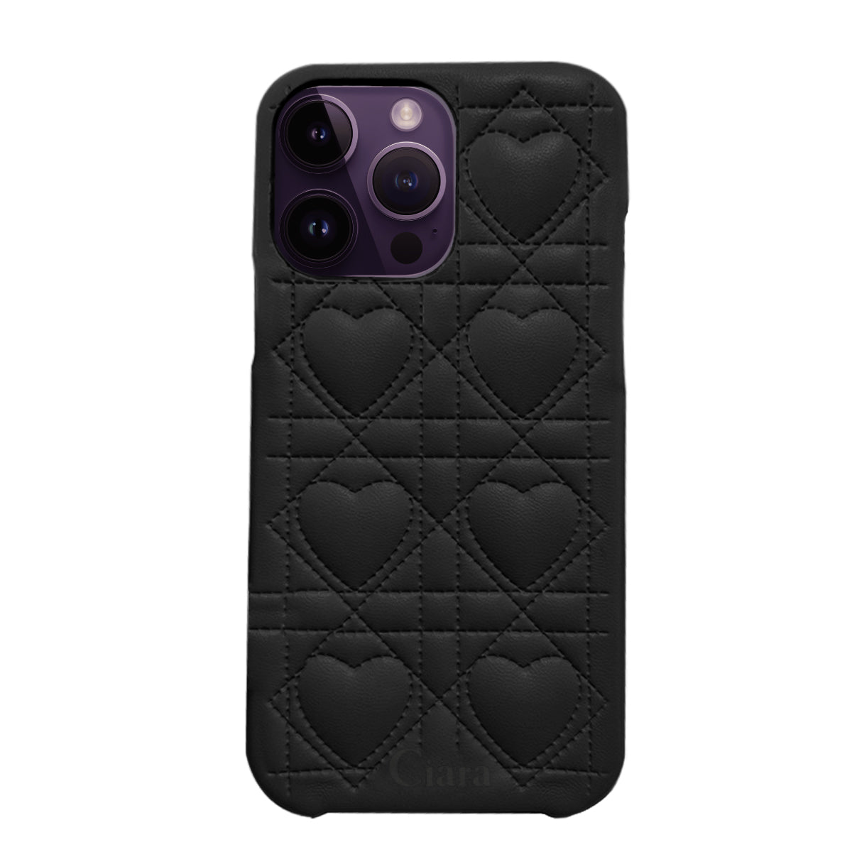 iPhone14ProMax ハートキルティングPU レザーケース ロゴ ブラック