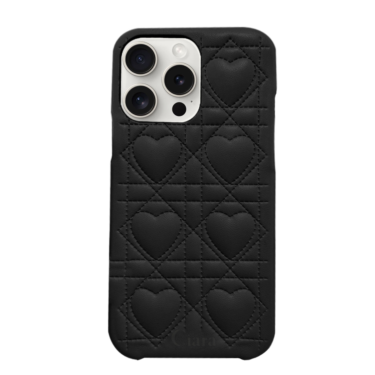 iPhone15ProMax ハートキルティングPU レザーケース ロゴ ブラック