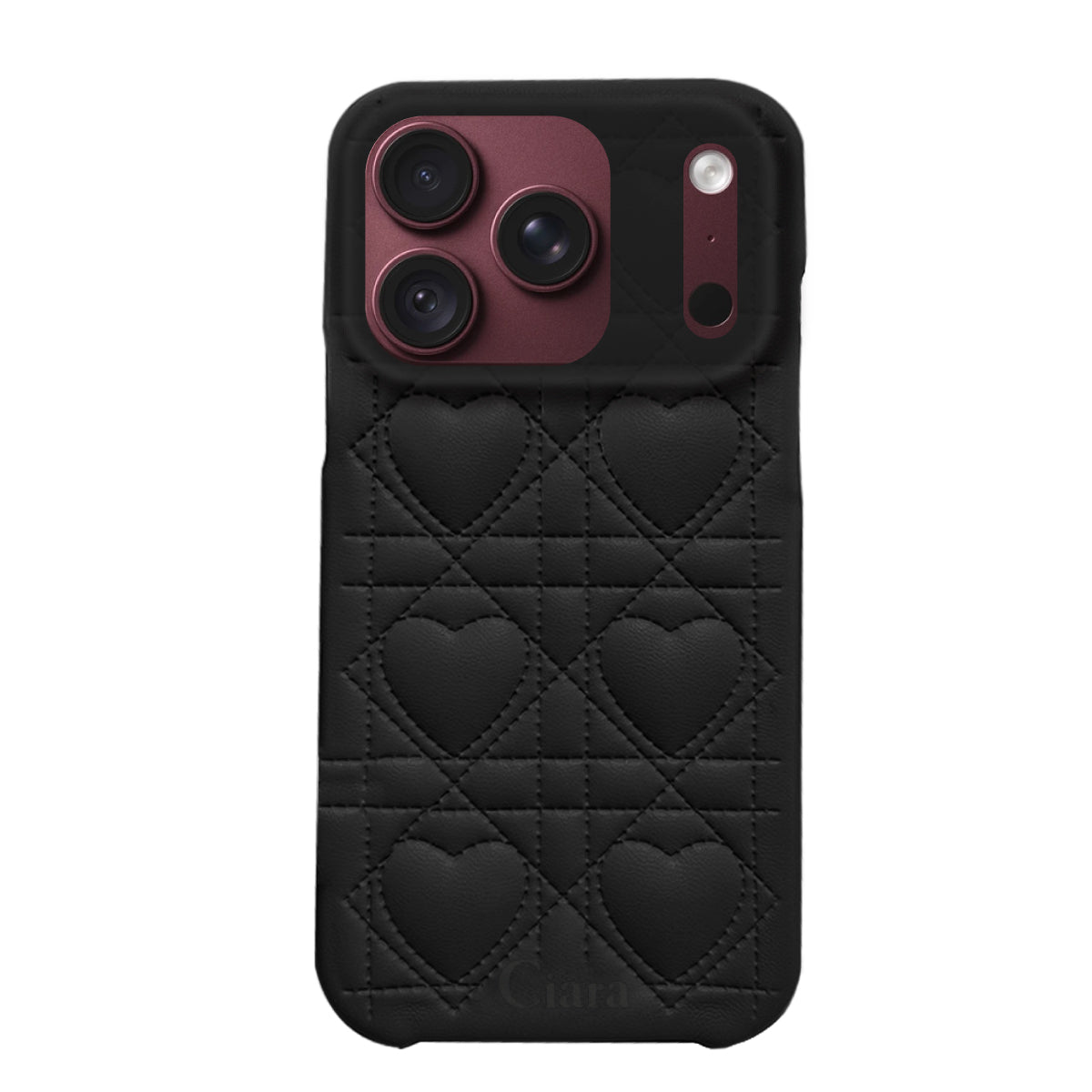 iPhone18Pro/17Pro ハートキルティングPU レザーケース ロゴ ブラック