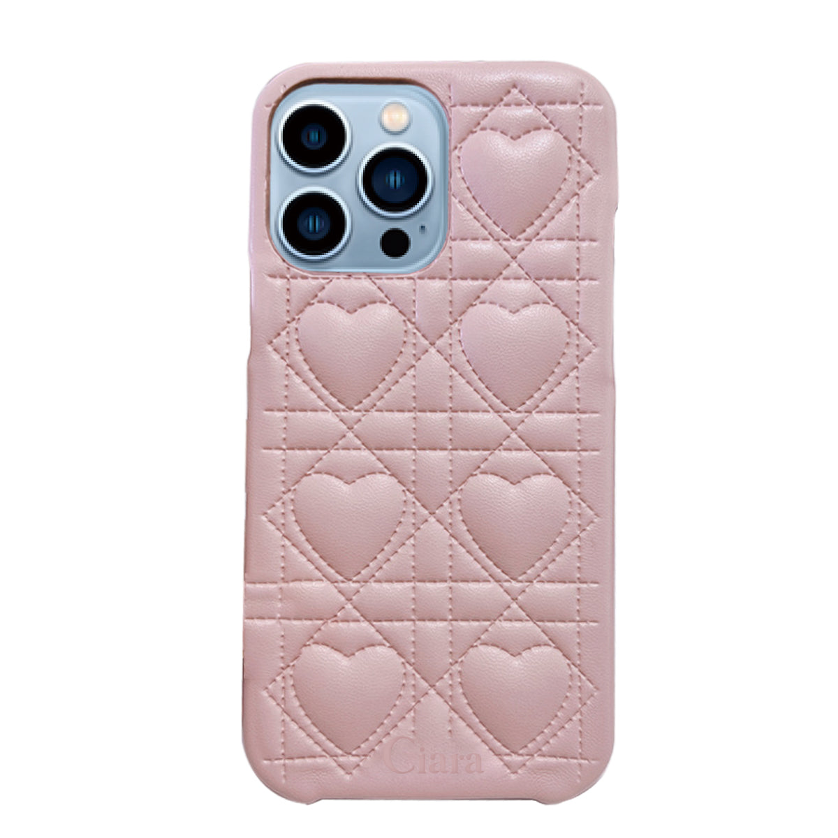 iPhone13ProMax ハートキルティングPU レザーケース ロゴ ピンク