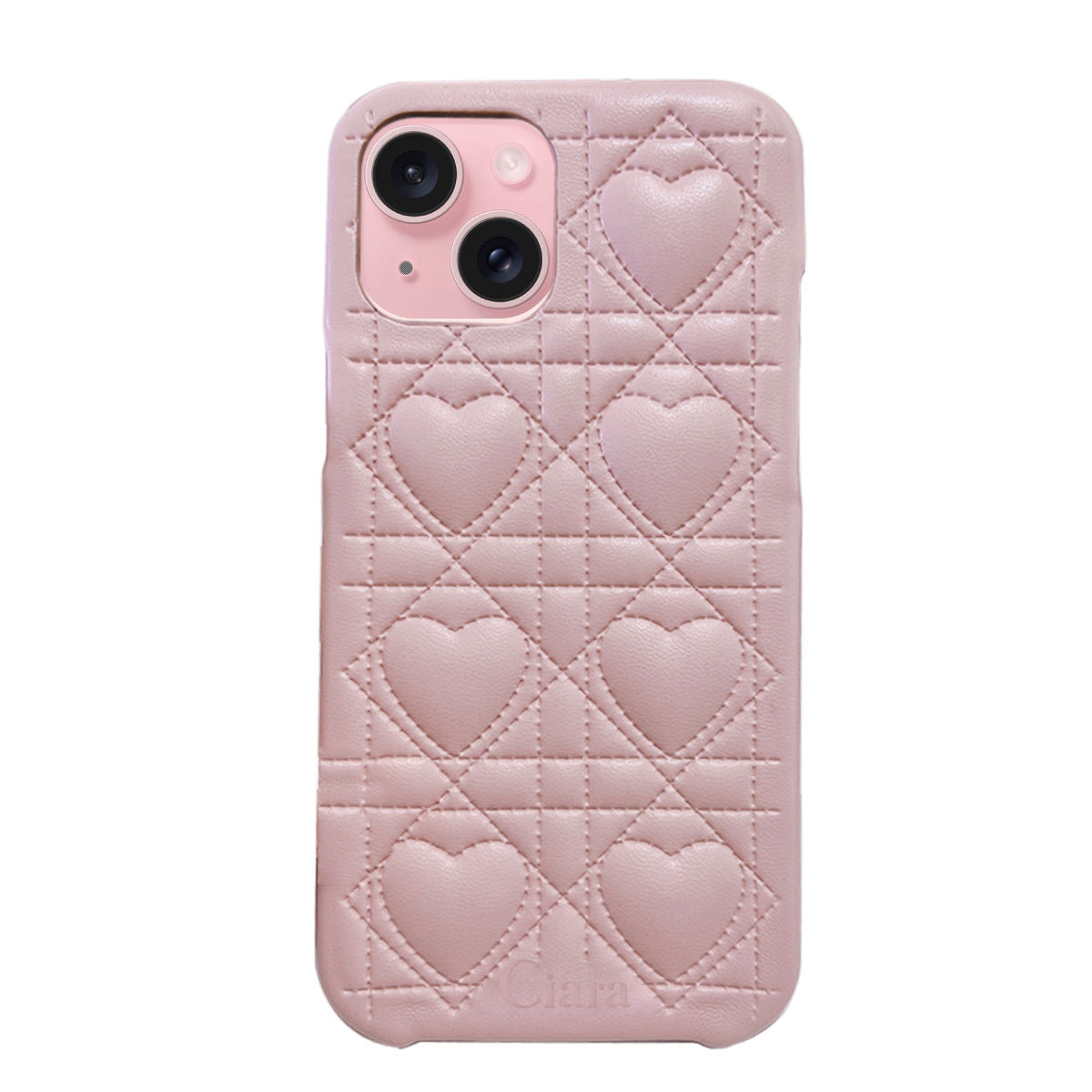 iPhone15 ハートキルティングPU レザーケース ロゴ ピンク